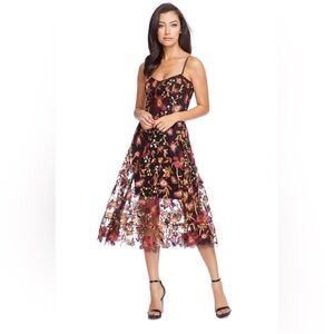NWT Dress the Population Uma Plumeria Embroidery Dress Floral Burgundy Multi, L